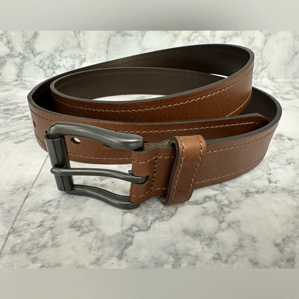 Dickies Belt 50-52 Brown Leather Contrast Stitch Gunmetal Buckle Casual Workwear